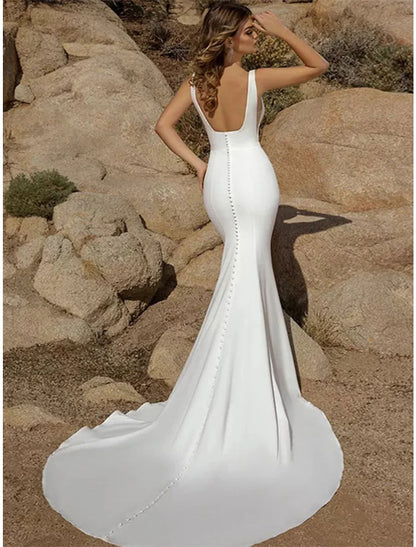 Beach Open Back Casual Wedding Dresses Mermaid / Trumpet Square Neck Sleeveless Court Train Stretch Fabric Bridal Gowns With Buttons Solid Color