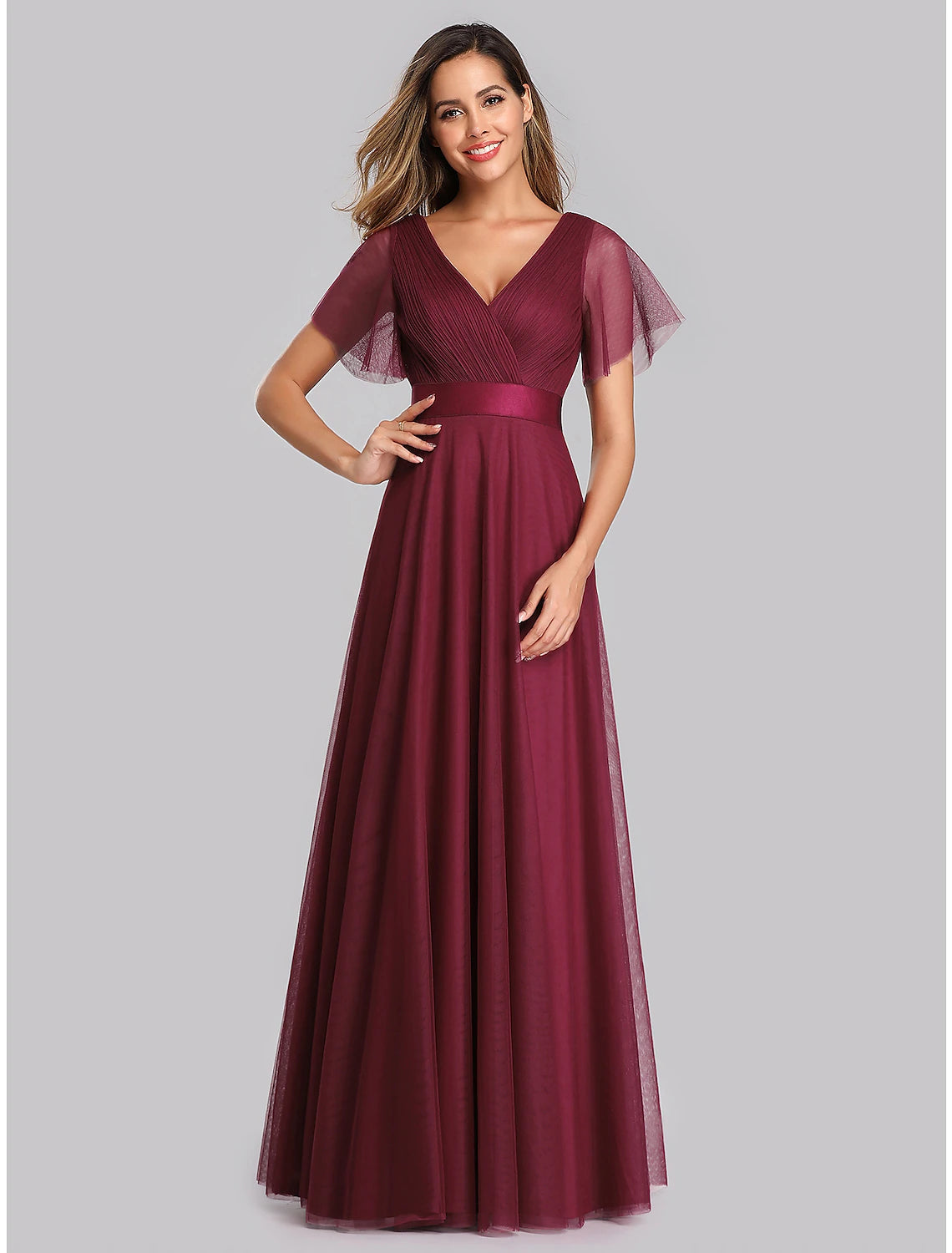 A-Line Evening Gown Empire Dress Wedding Guest Prom Floor Length Short Sleeve V Neck Bridesmaid Dress Chiffon V Back with Pleats Ruched