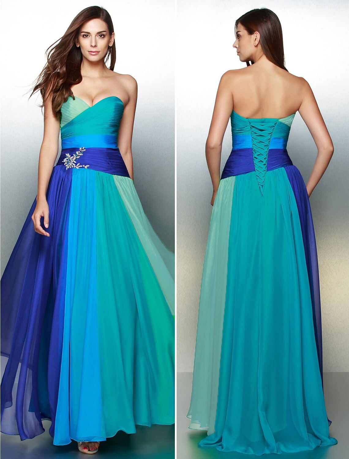 A-Line Color Block Dress Wedding Guest Prom Floor Length Sleeveless Sweetheart Chiffon Backless with Ruched Crystals
