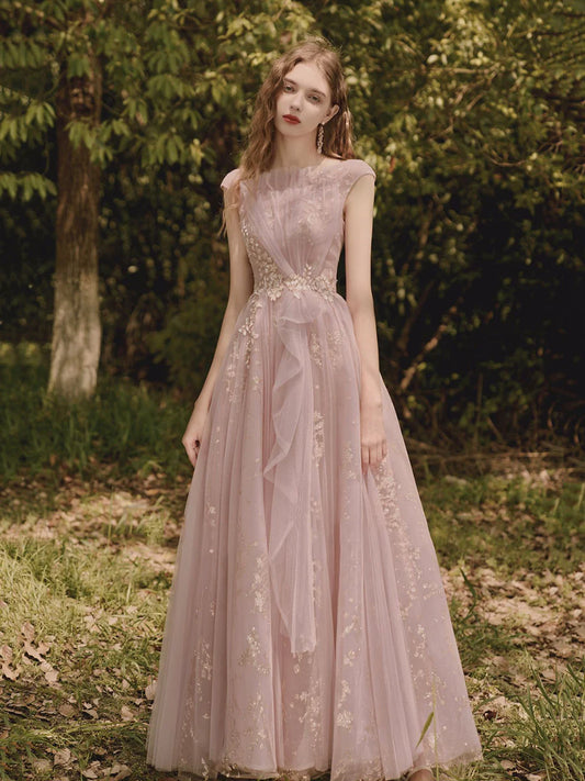 A-Line Prom Party Dress Floral Dress Wedding Guest Prom Dress Pink Tulle Evening Party Dress With Appliques