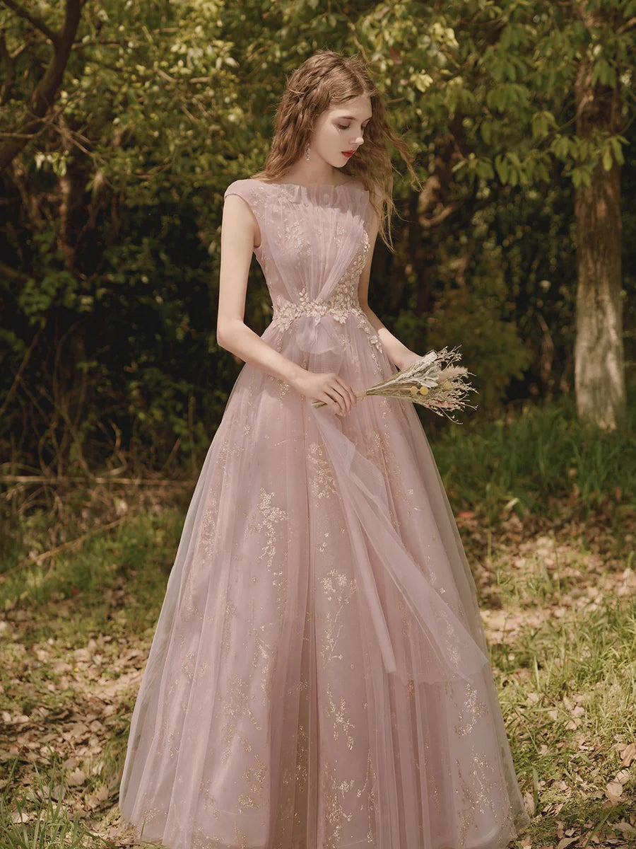 A-Line Prom Party Dress Floral Dress Wedding Guest Prom Dress Pink Tulle Evening Party Dress With Appliques