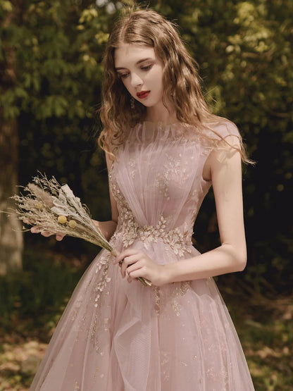 A-Line Prom Party Dress Floral Dress Wedding Guest Prom Dress Pink Tulle Evening Party Dress With Appliques