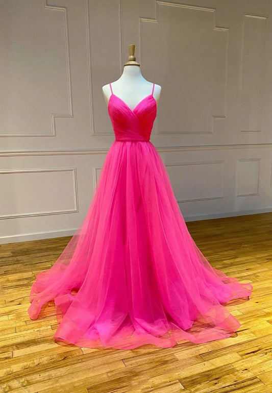 A-Line Spaghetti Straps V-Neck Fuchsia Tulle Simple Evening Dresses  Long Prom Dresses