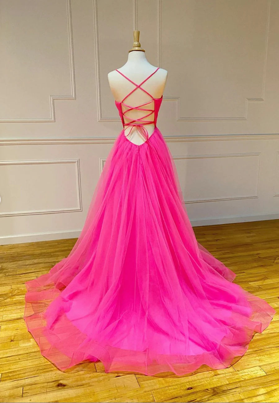 A-Line Spaghetti Straps V-Neck Fuchsia Tulle Simple Evening Dresses  Long Prom Dresses