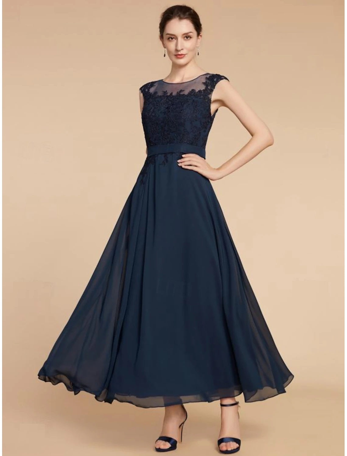 A-Line  Jewel Neck Ankle Length Wedding Guest Chiffon Lace Long Sleeve Mother of the Bride Dress with Ruching