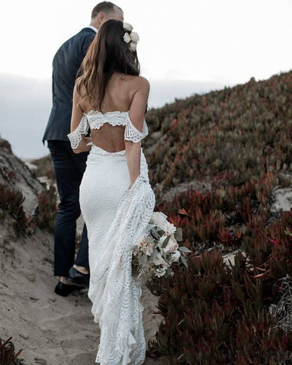 Beach Boho Lace Mermaid Backless Sleeveless White Wedding Gowns Sexy Wedding Dress