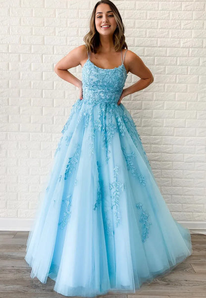 A-Line Prom Dresses Floral Dress Formal Graduation Dresses Blue Tulle Lace Sleeveless Long Prom Dresses with Ruffles Appliques