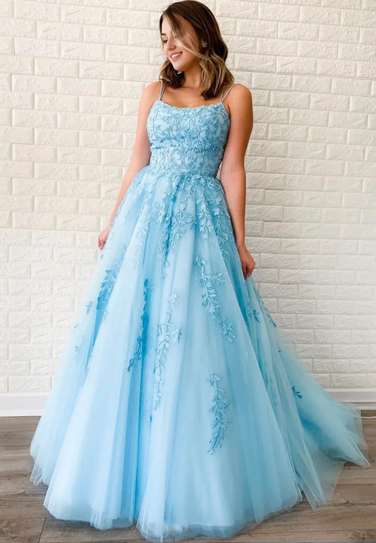 A-Line Prom Dresses Floral Dress Formal Graduation Dresses Blue Tulle Lace Sleeveless Long Prom Dresses with Ruffles Appliques