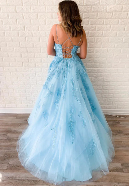 A-Line Prom Dresses Floral Dress Formal Graduation Dresses Blue Tulle Lace Sleeveless Long Prom Dresses with Ruffles Appliques