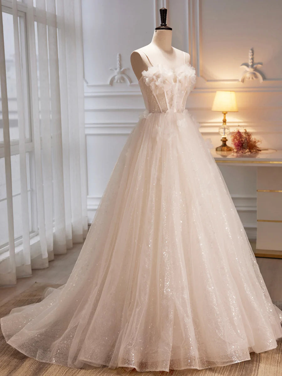 Floral Dress Wedding Guest Dress Spaghetti Strap Tulle Champagne Long Prom Dress