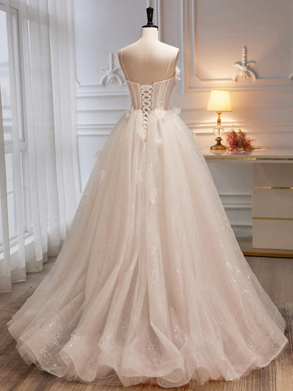 Floral Dress Wedding Guest Dress Spaghetti Strap Tulle Champagne Long Prom Dress