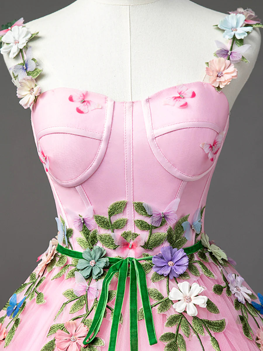 Pink Tulle Flower Long Prom Dresses, Lovely Spaghetti Formal Dresses