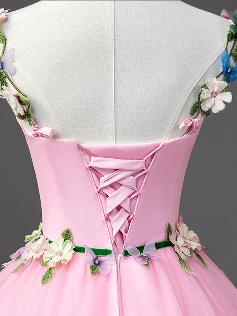 Pink Tulle Flower Long Prom Dresses, Lovely Spaghetti Formal Dresses