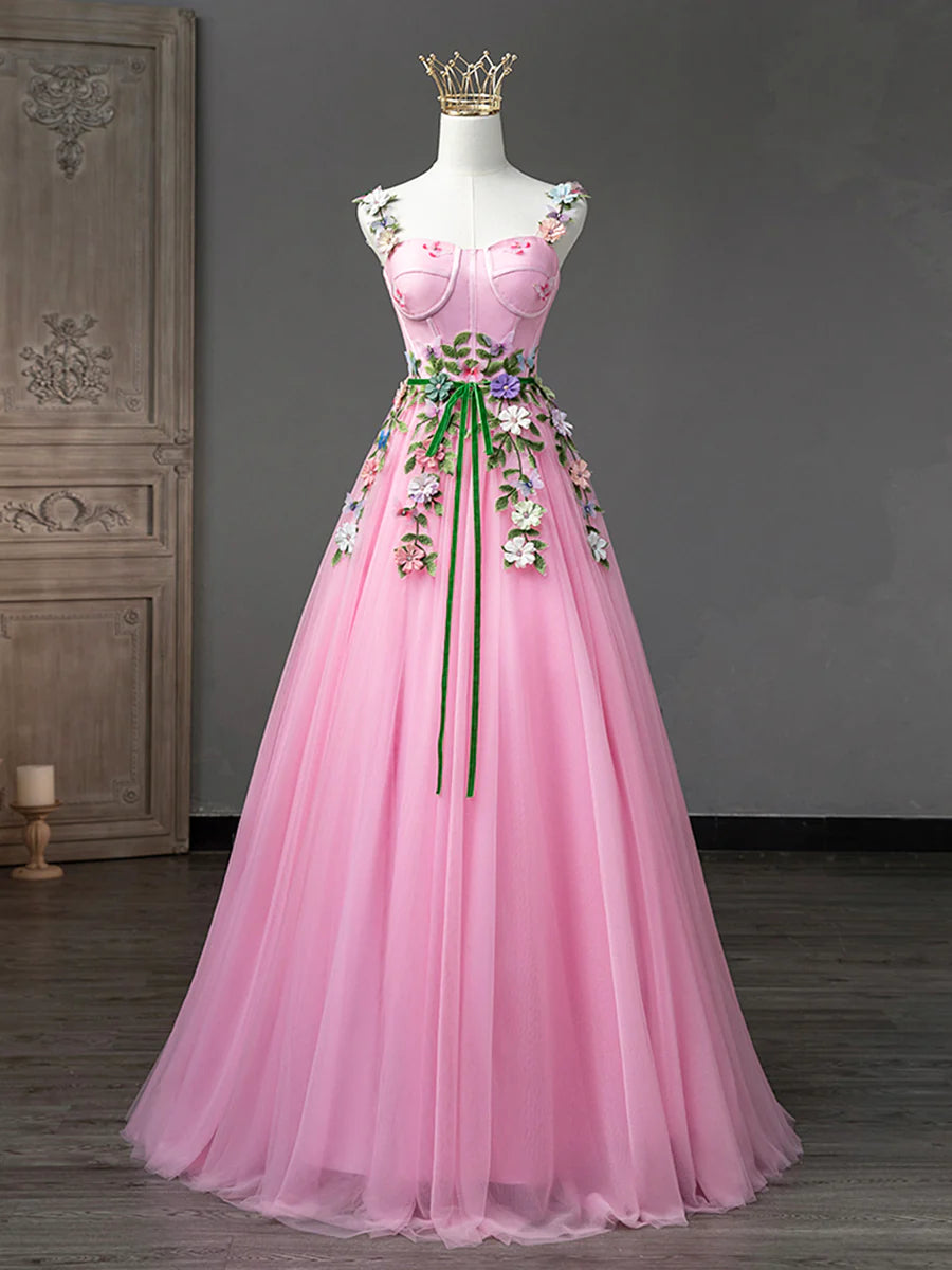 Pink Tulle Flower Long Prom Dresses, Lovely Spaghetti Formal Dresses