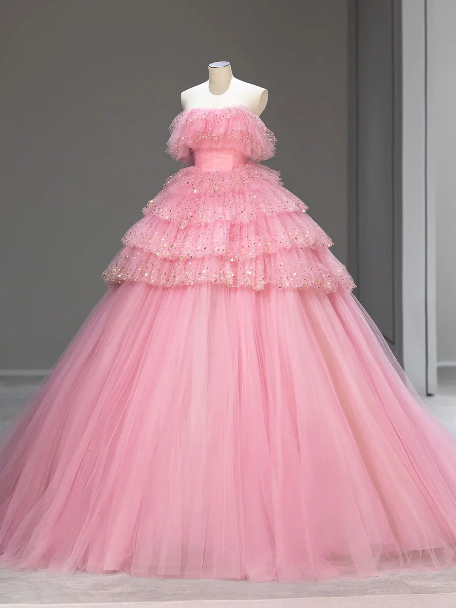 Ball Gown Quinceanera Dresses Strapless Tiered Tulle Long Formal Dress Beautiful Princess Dress Sweet 16 Dress With Sequins