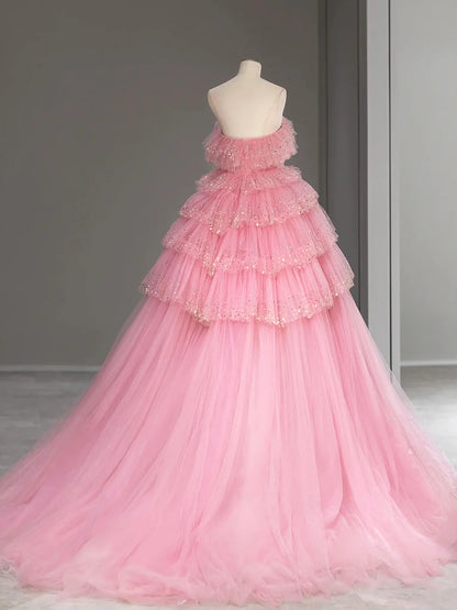 Ball Gown Quinceanera Dresses Strapless Tiered Tulle Long Formal Dress Beautiful Princess Dress Sweet 16 Dress With Sequins