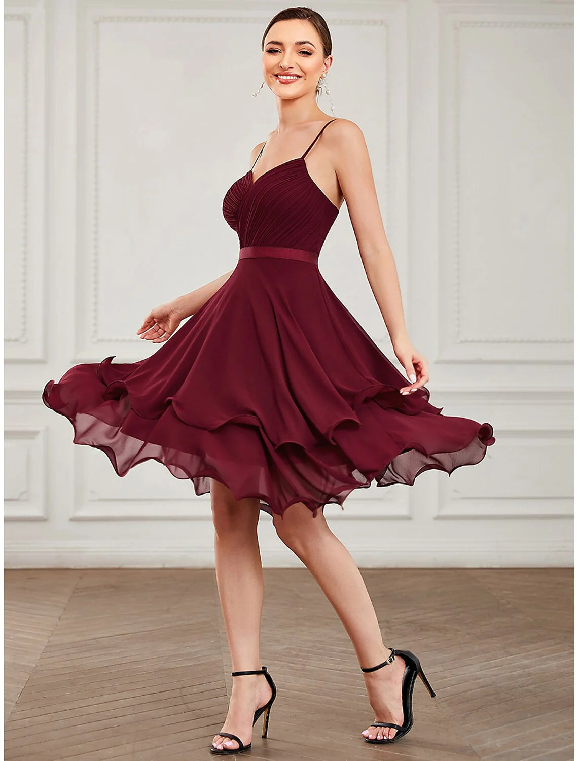 A-Line Homecoming Dresses Elegant Dress Cocktail Short / Mini Sleeveless Sweetheart Chiffon with Pure Color Tiered