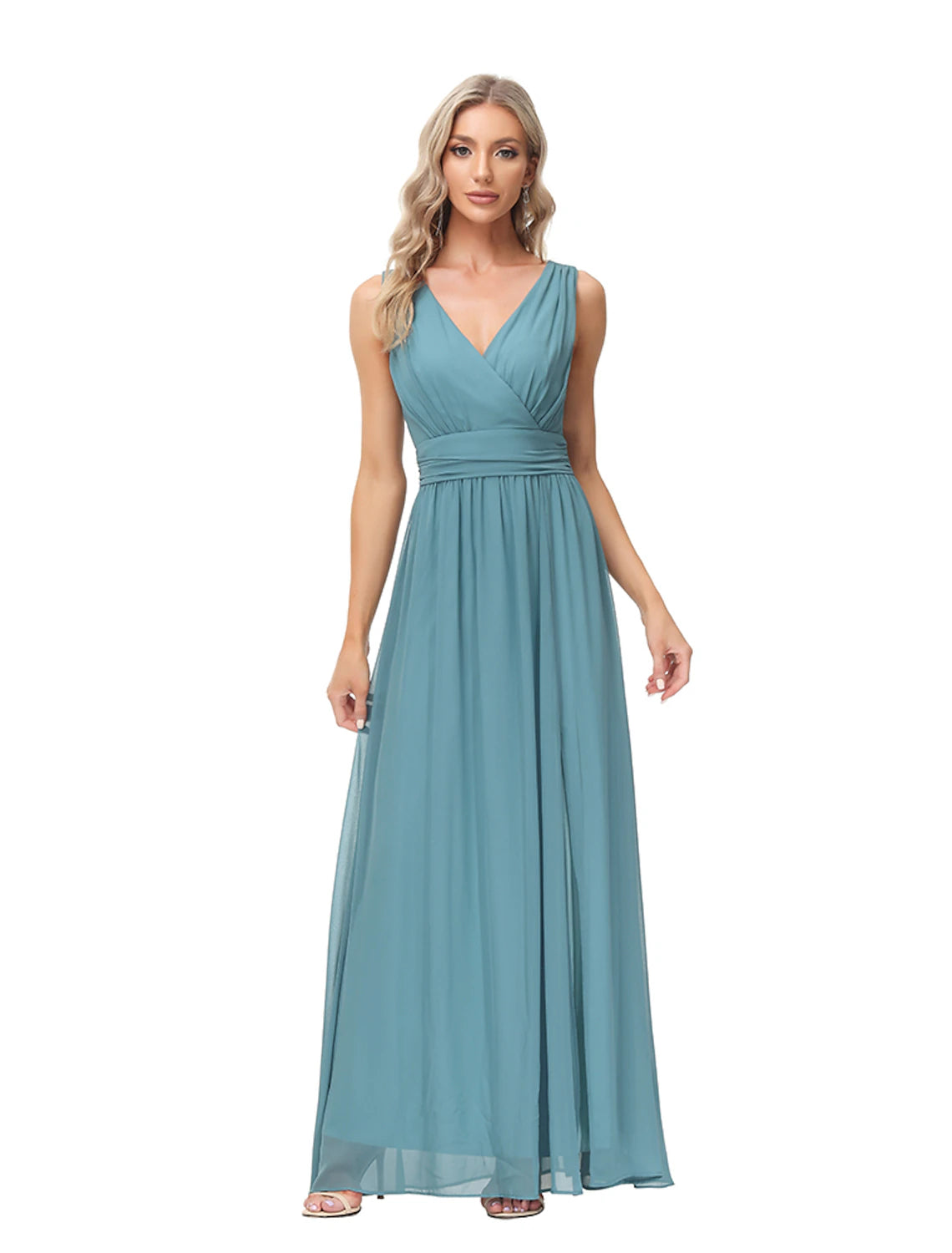 A-Line Evening Gown Empire Dress Party Wear Wedding Guest Floor Length Sleeveless V Neck Bridesmaid Dress Chiffon V Back with Slit