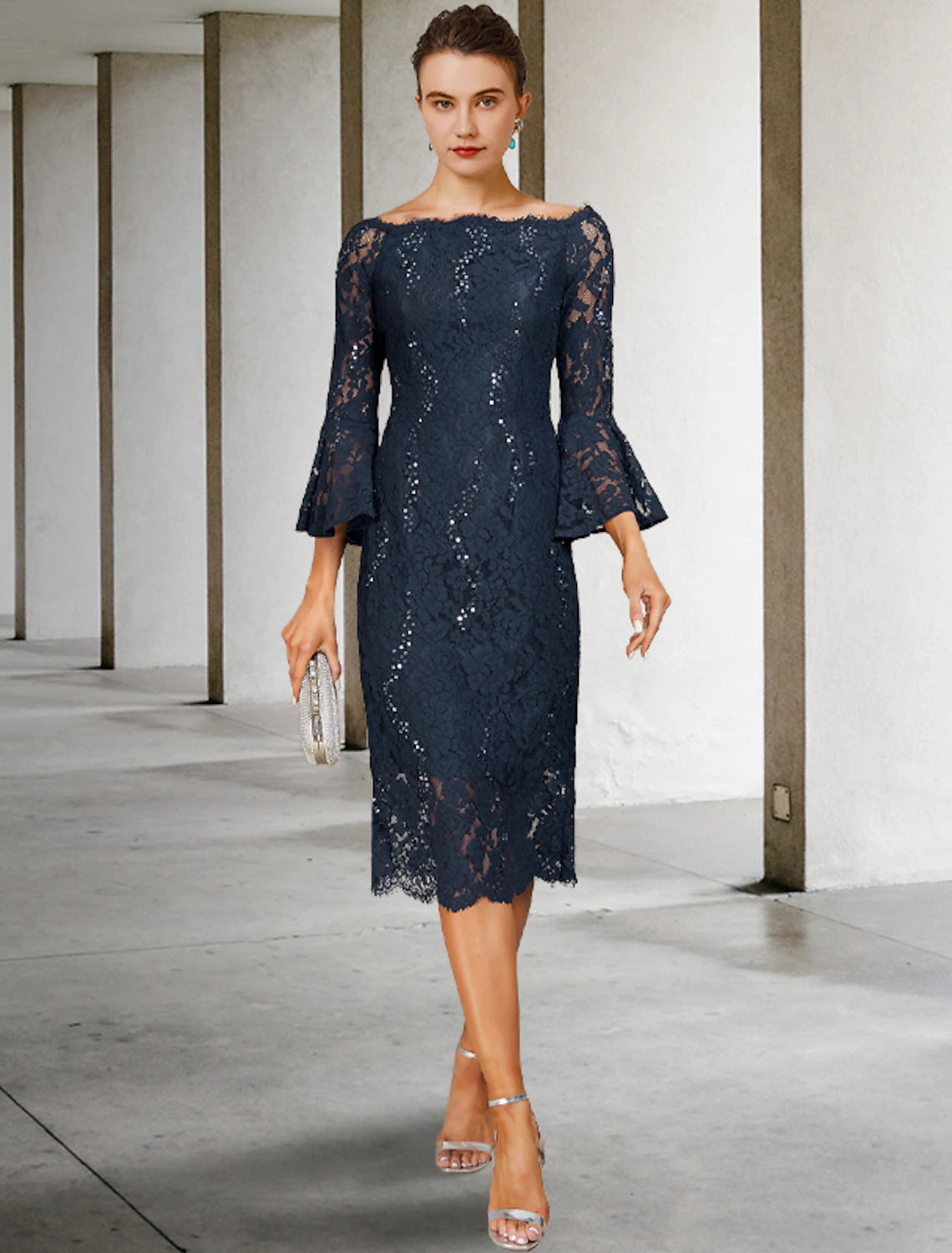 Sheath Jewel Neck Tea Length Wedding Guest Party Dress Lace 3/4 Length Sleeve Mother of the Bride Dress with Sequin