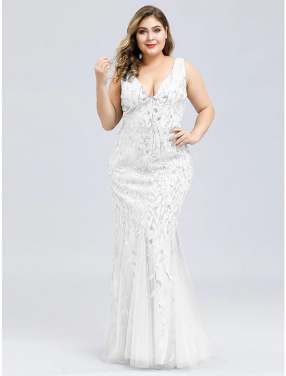 Mermaid / Trumpet Plus Size Sexy Prom Formal Evening Dress V Neck Sleeveless Floor Length Tulle with Appliques