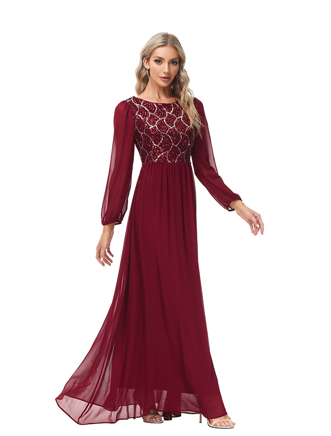 A-Line Evening Gown Empire Dress Party Wear Wedding Guest Floor Length Long Sleeve Jewel Neck Chiffon V Back with Sequin Splicing