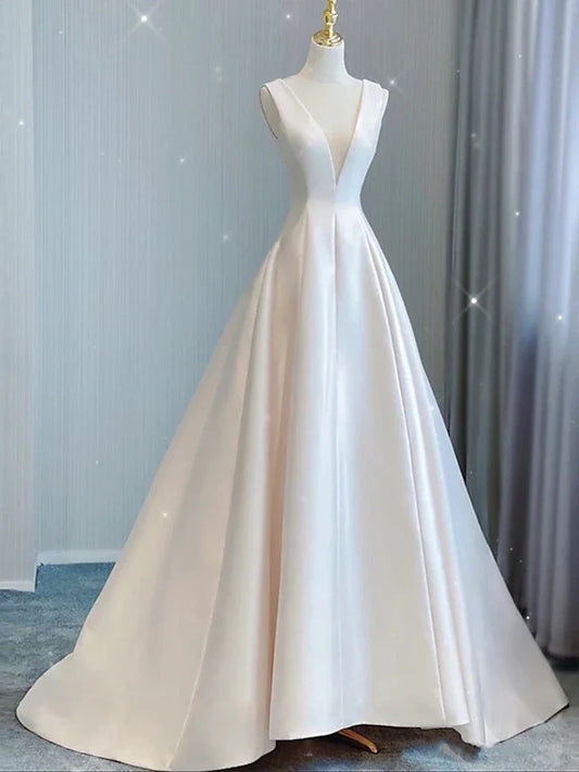 Hall Casual Wedding Dresses Court Train A-Line Sleeveless V Neck Satin With Bow(s) Pleats 2023 Bridal