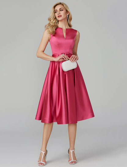 A-Line Elegant Dress Wedding Guest Cocktail Party Knee Length Sleeveless V Wire Pink Dress Satin with Sash / Ribbon