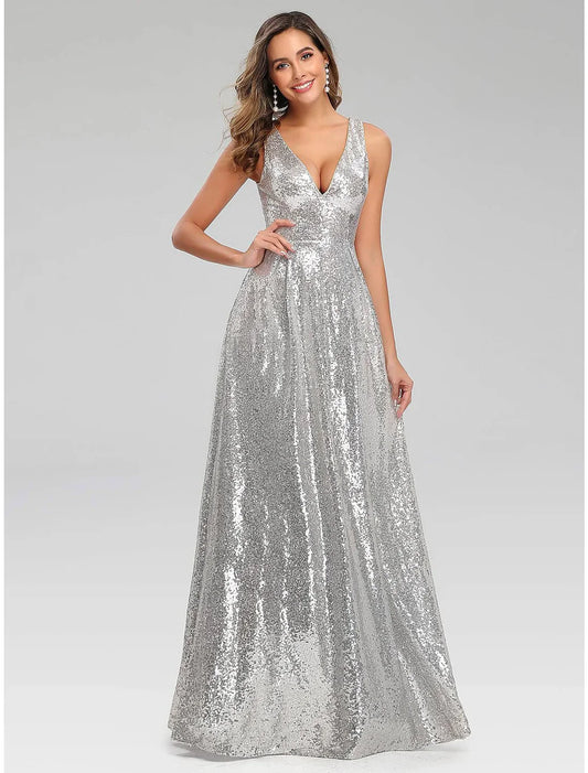 A-Line Prom Dresses Sparkle Dress Wedding Guest Engagement Floor Length Sleeveless V Neck Polyester V Back with Sequin