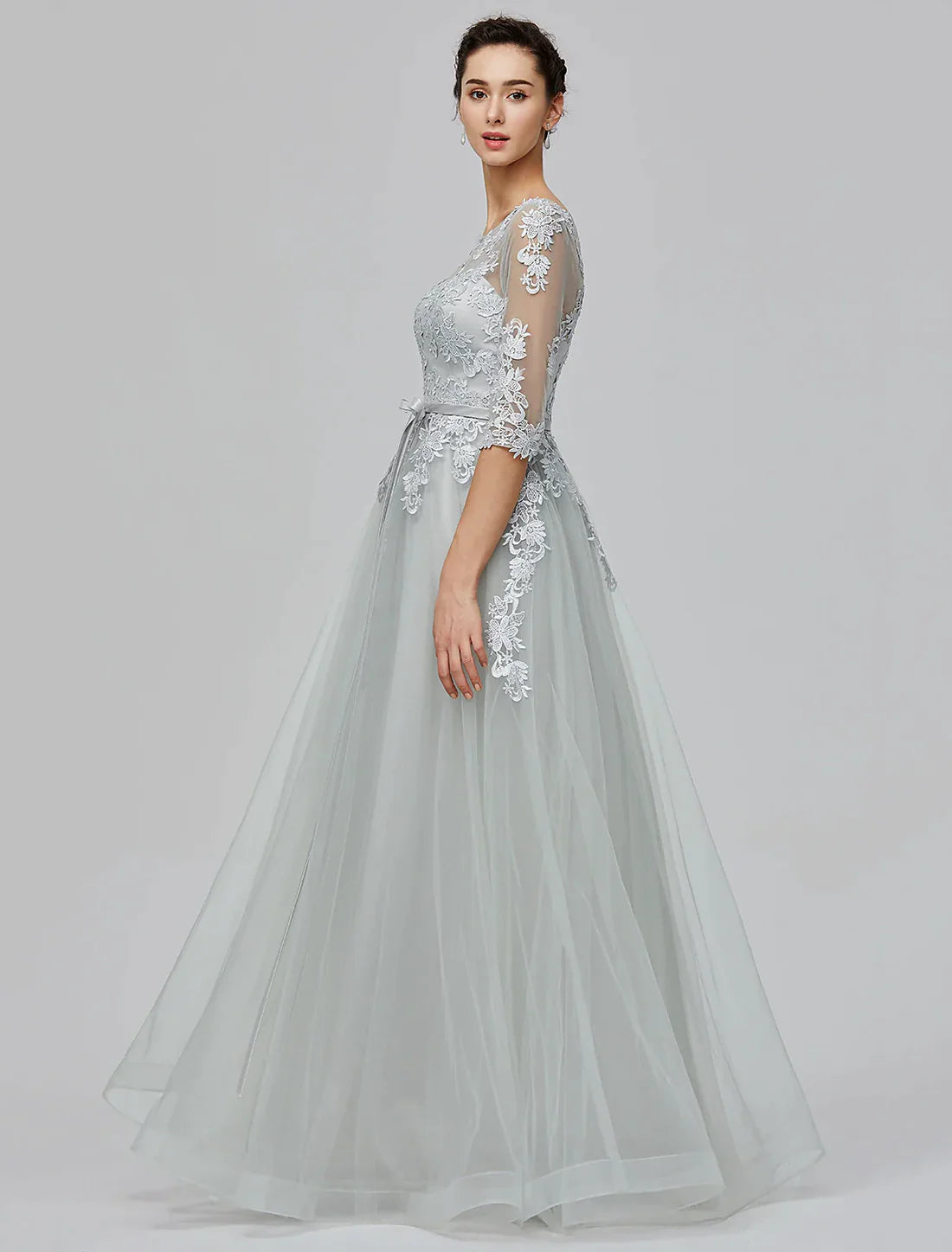 A-Line Evening Dress Wedding Guest Prom Floor Length Half Sleeve Illusion Neck Tulle with Bow(s) Appliques