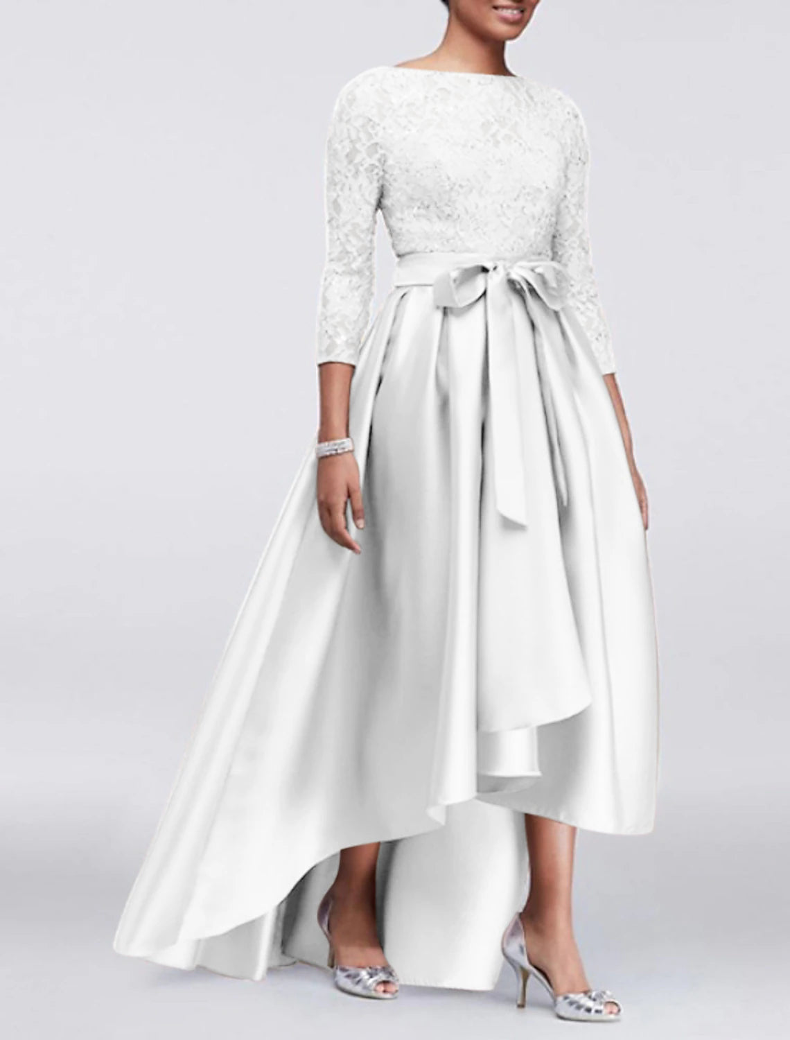 A-Line Wedding Guest Dress Plus Size Satin Lace 3/4 Length Sleeve Mother of the Bride Dress High Low Jewel Neck Asymmetrical Dress  with Sash / Ribbon Appliques