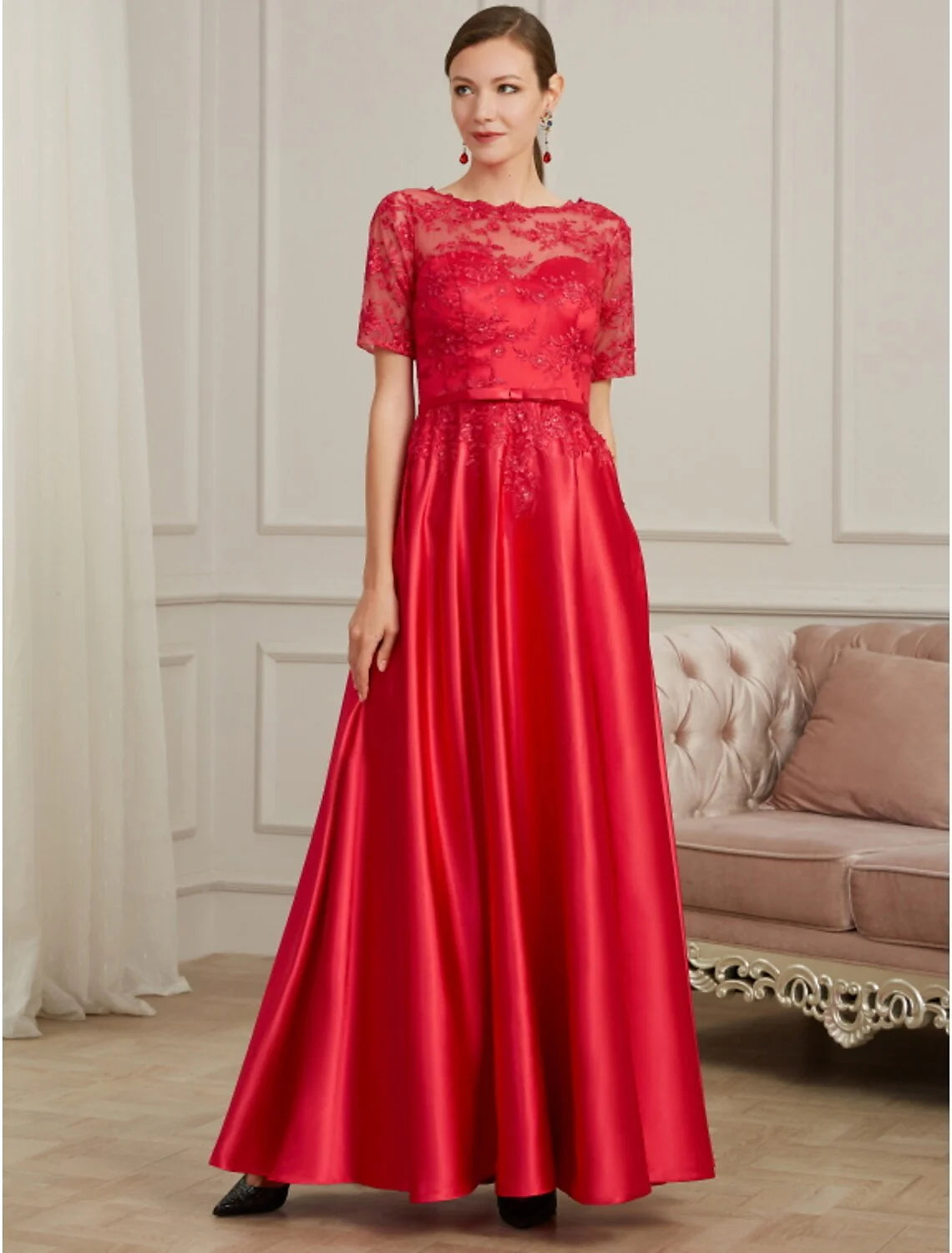 A-Line Evening Gown Elegant Dress Wedding Guest Floor Length Short Sleeve Jewel Neck Polyester with Pleats Beading Appliques