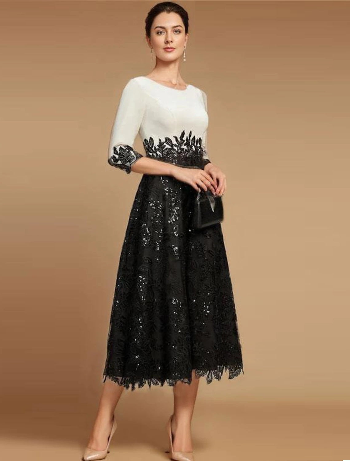 A-Line Vintage Jewel Neck Wedding Guest Party Dress  Tea Length Lace Half Sleeve Lace Mother of the Bride Dress