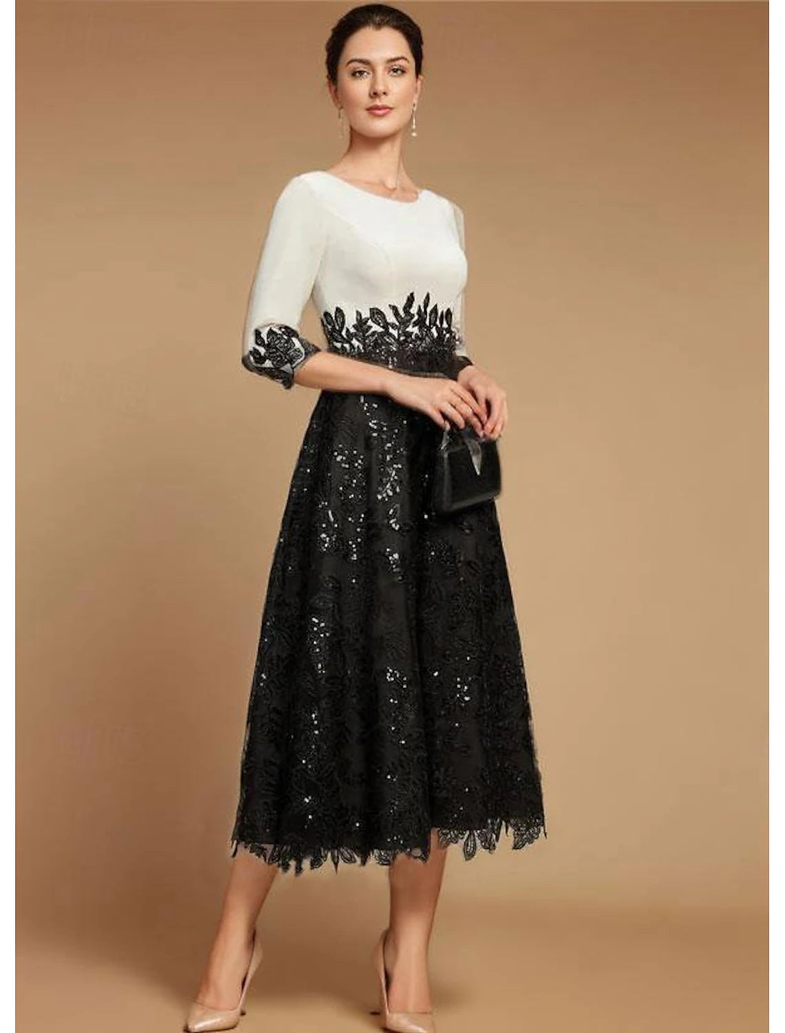 Tea Length Lace Half Sleeve Wedding Guest Party Dress Vintage Jewel Neck Lace Mother of the Bride Dress