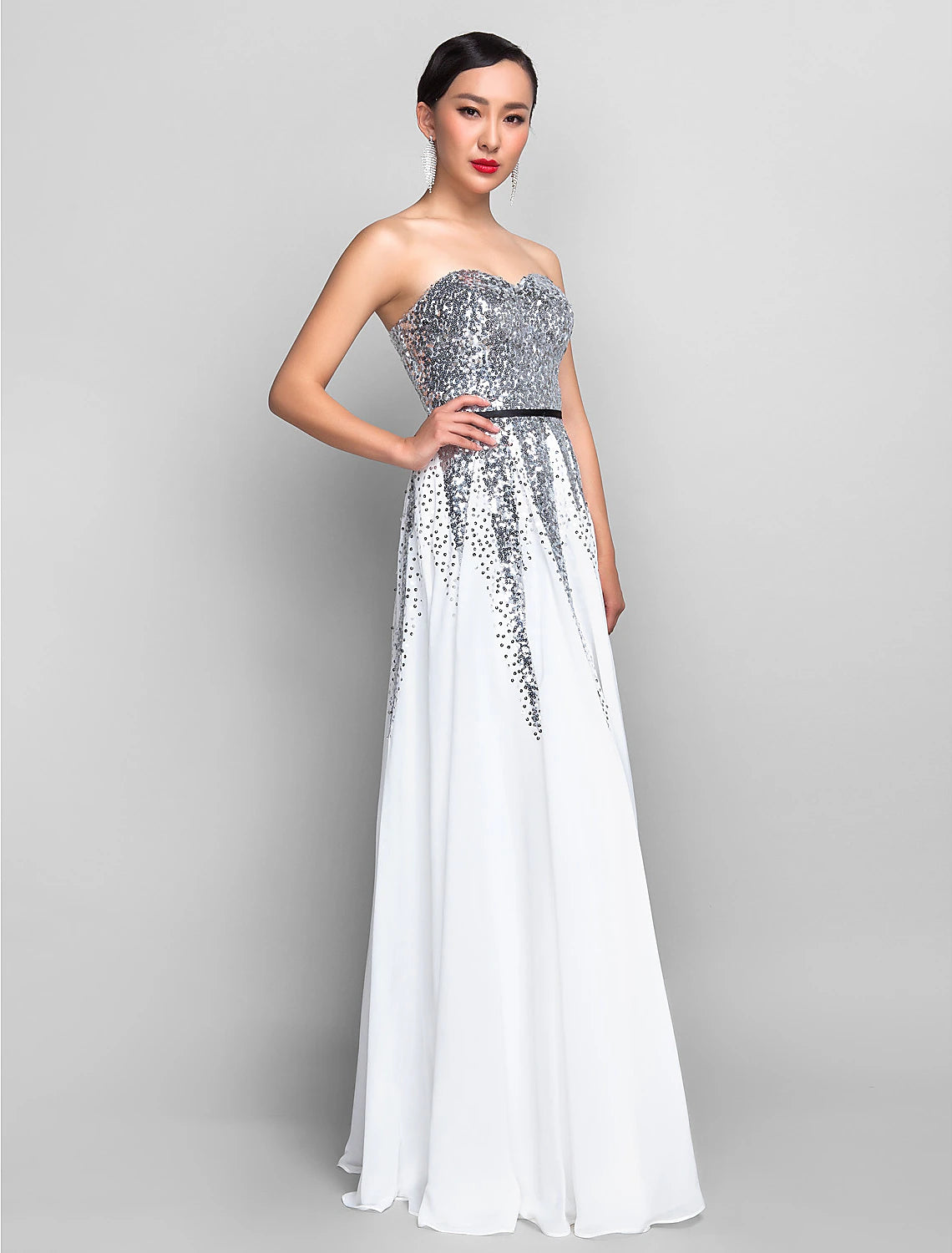 A-Line Sweetheart Neckline Floor Length Chiffon / Sequined Dress with Sequin / Sash / Ribbon