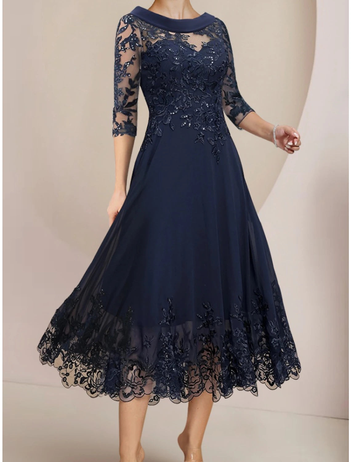 A-Line Mother of the Bride Dress Wedding Guest Elegant Petite Scoop Neck Tea Length Chiffon Lace Half Sleeve with Sequin Ruching