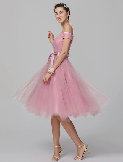 A-Line Off Shoulder Knee Length Tulle Bridesmaid Dress with Sash / Ribbon / Side Draping