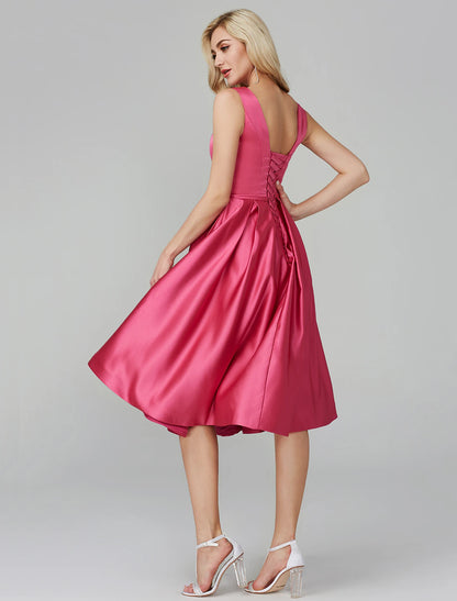 A-Line Elegant Dress Wedding Guest Cocktail Party Knee Length Sleeveless V Wire Pink Dress Satin with Sash / Ribbon