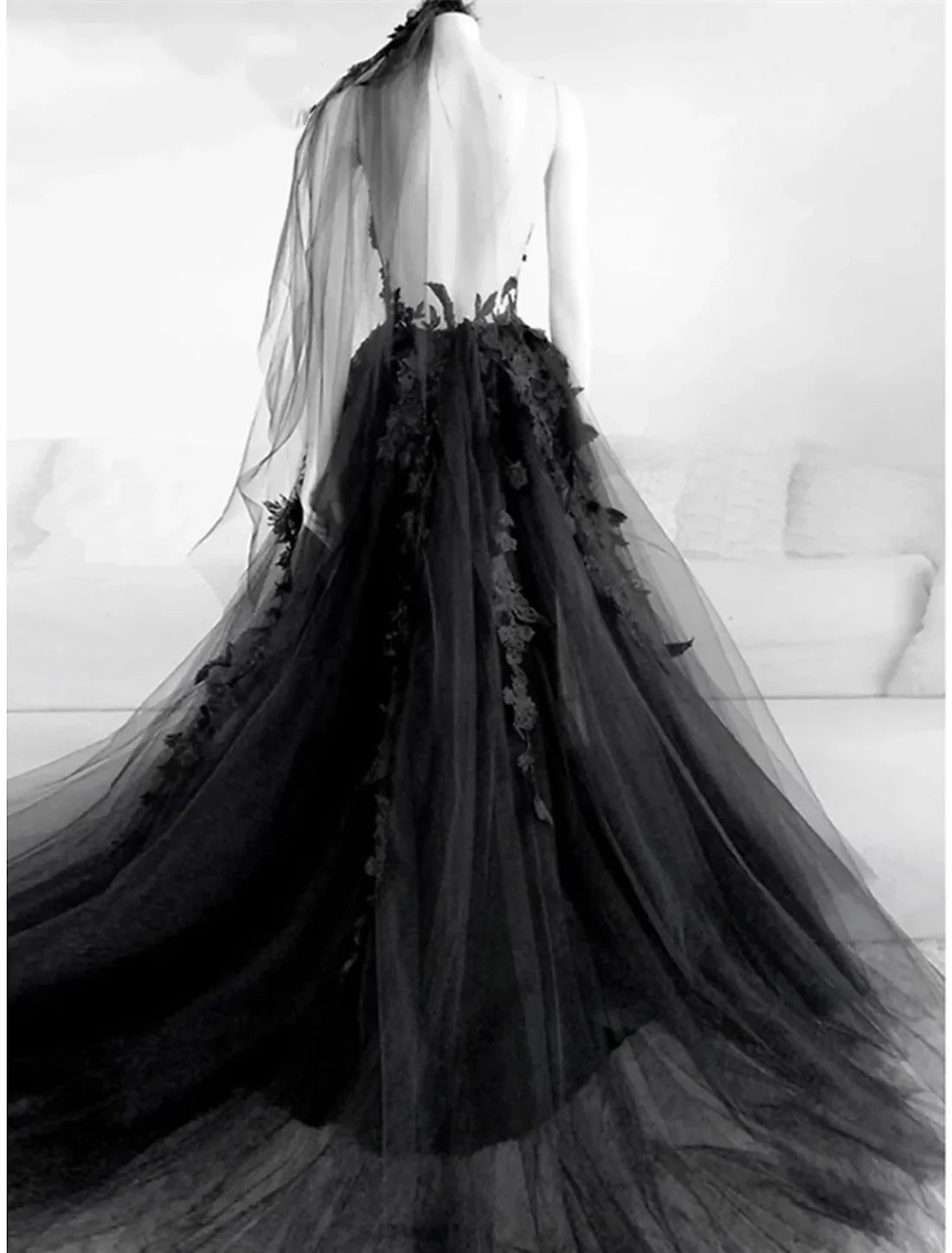 Evening Gown Elegant Dress Formal Court Train Black Dress Sleeveless Illusion Neck Tulle with Pleats Slit Appliques