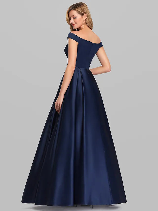 A-Line Evening Gown Elegant & Luxurious Dress Wedding Guest Floor Length Sleeveless Plunging Neck Charmeuse with Ruched