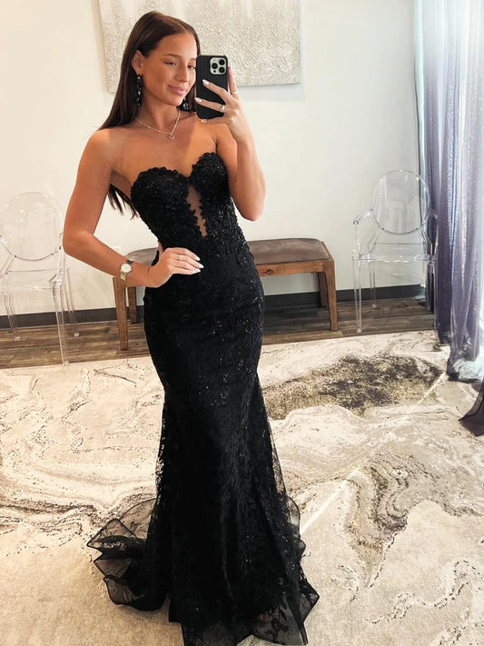 Mermaid / Trumpet Lace Prom Dresses Elegant Dress Formal Prom Floor Length Sleeveless Black Strapless Evening Party Dress