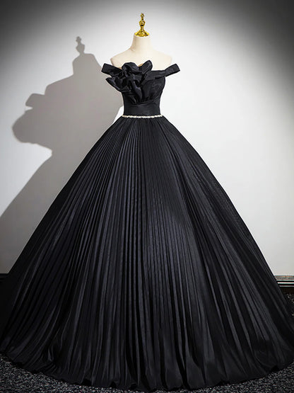 A-Line Off the Shoulder Quinceanera Dresses Pleated Black Long Prom Dress with  Rhinestone Sash