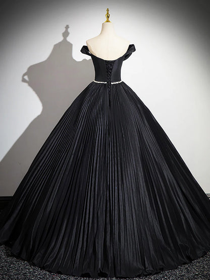 A-Line Off the Shoulder Quinceanera Dresses Pleated Black Long Prom Dress with  Rhinestone Sash