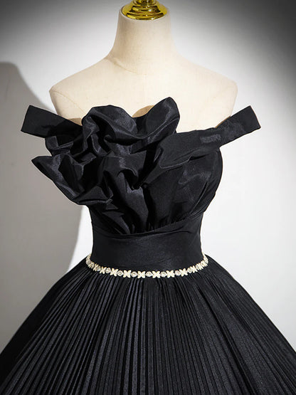 A-Line Off the Shoulder Quinceanera Dresses Pleated Black Long Prom Dress with  Rhinestone Sash