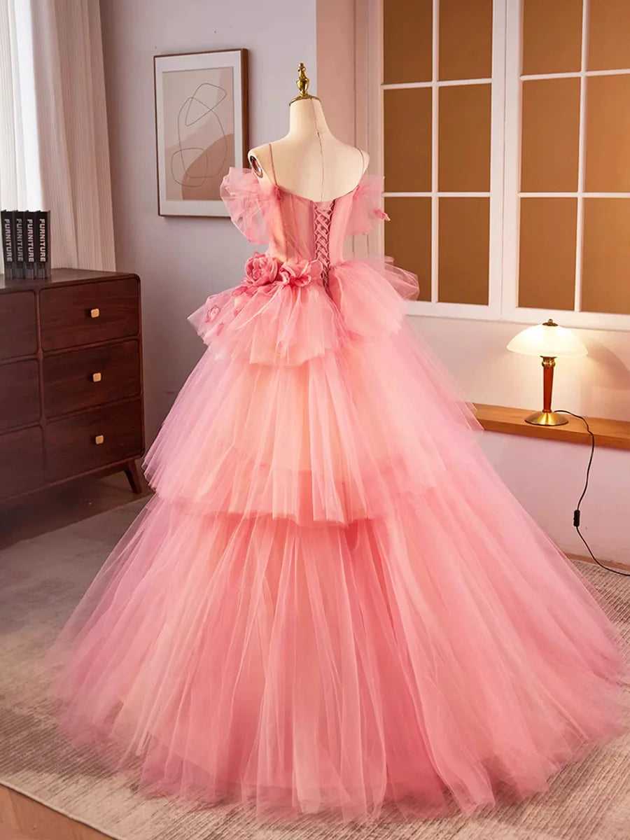 A-Line Spaghetti Strap Beautiful Pink Tulle Tiered Sweet 16 Dress Long Ball Gown Evening Party Gown With 3D Flowers