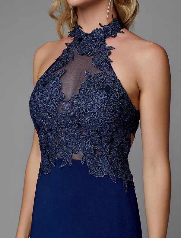 Sheath / Column Evening Gown Cut Out Dress Wedding Guest Floor Length Sleeveless Halter Neck Spandex Crisscross Back with Appliques Elegant