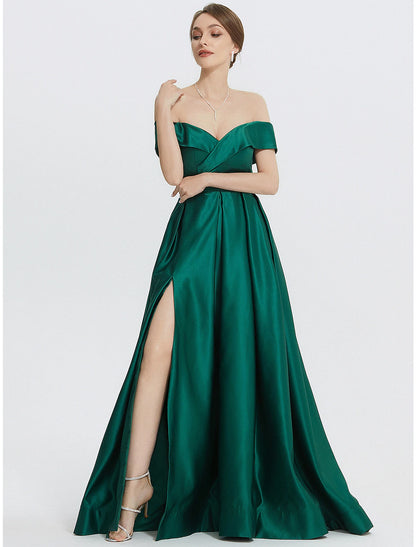 A-Line Evening Gown Elegant Dress Formal Prom Floor Length Sleeveless Sweetheart Satin with Slit