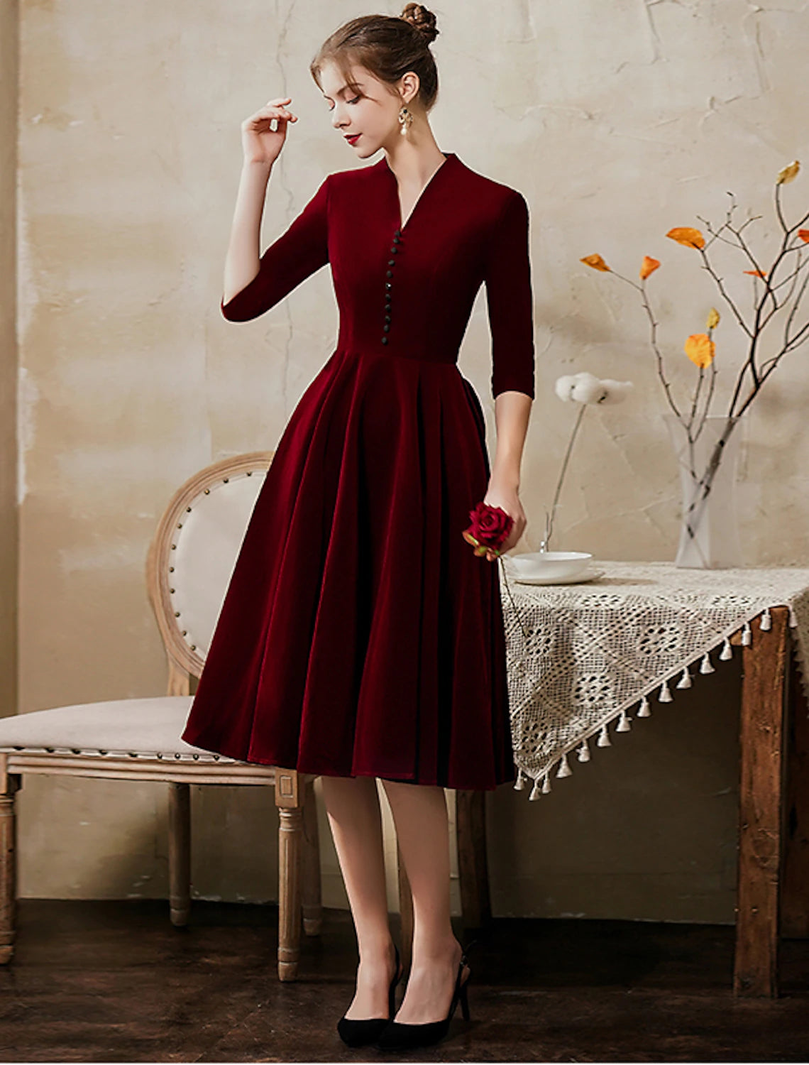 A-Line Cocktail Dresses Vintage Dress Wedding Guest Party Wear Tea Length Half Sleeve V Neck Fall Wedding Guest Velvet with Sleek