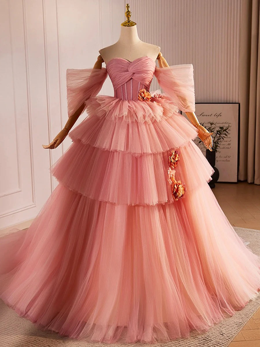 A-Line  Beautiful Pink Sweetheart Neck Tulle Tiered Long Ball Gown Evening Party Gown With 3D Flowers