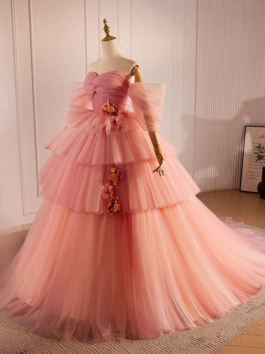 A-Line  Beautiful Pink Sweetheart Neck Tulle Tiered Long Ball Gown Evening Party Gown With 3D Flowers