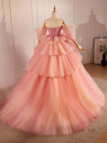 A-Line  Beautiful Pink Sweetheart Neck Tulle Tiered Long Ball Gown Evening Party Gown With 3D Flowers